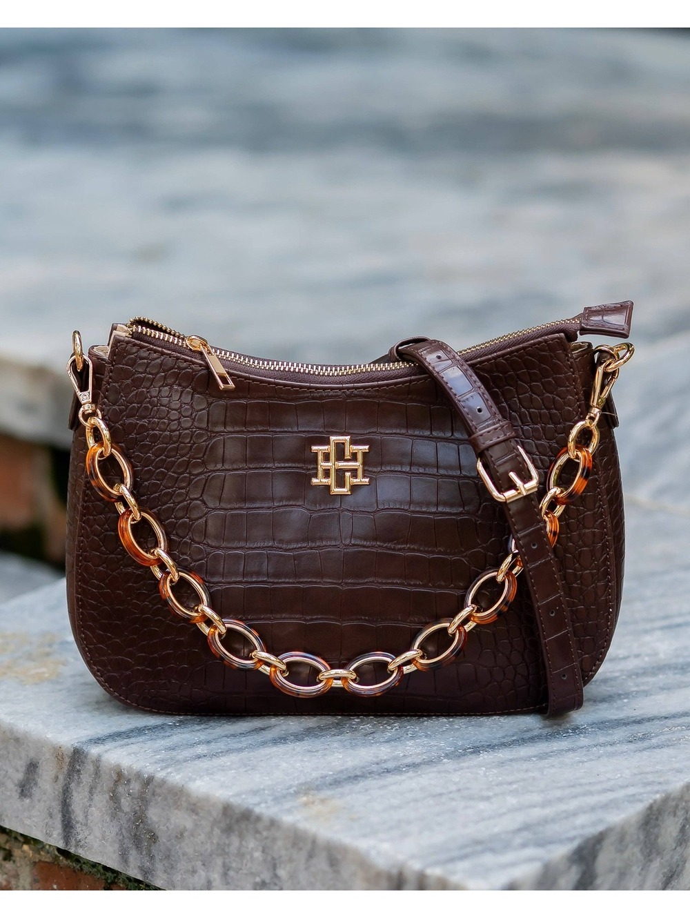 Caroline Hill Charlee Chocolate Brown Croc Embossed Crossbody Bag